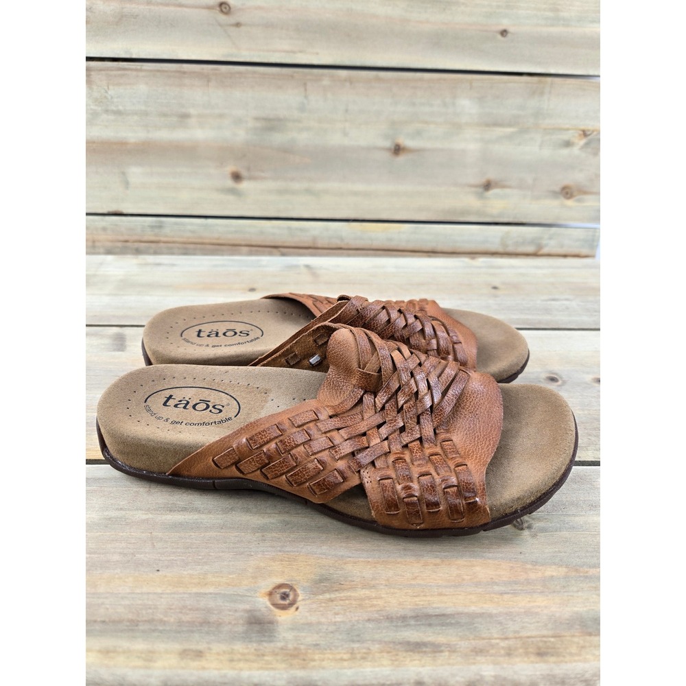 Taos Guru Woven Leather Slide Sandals Honey Tan Womens Size 8 Comfort Boho